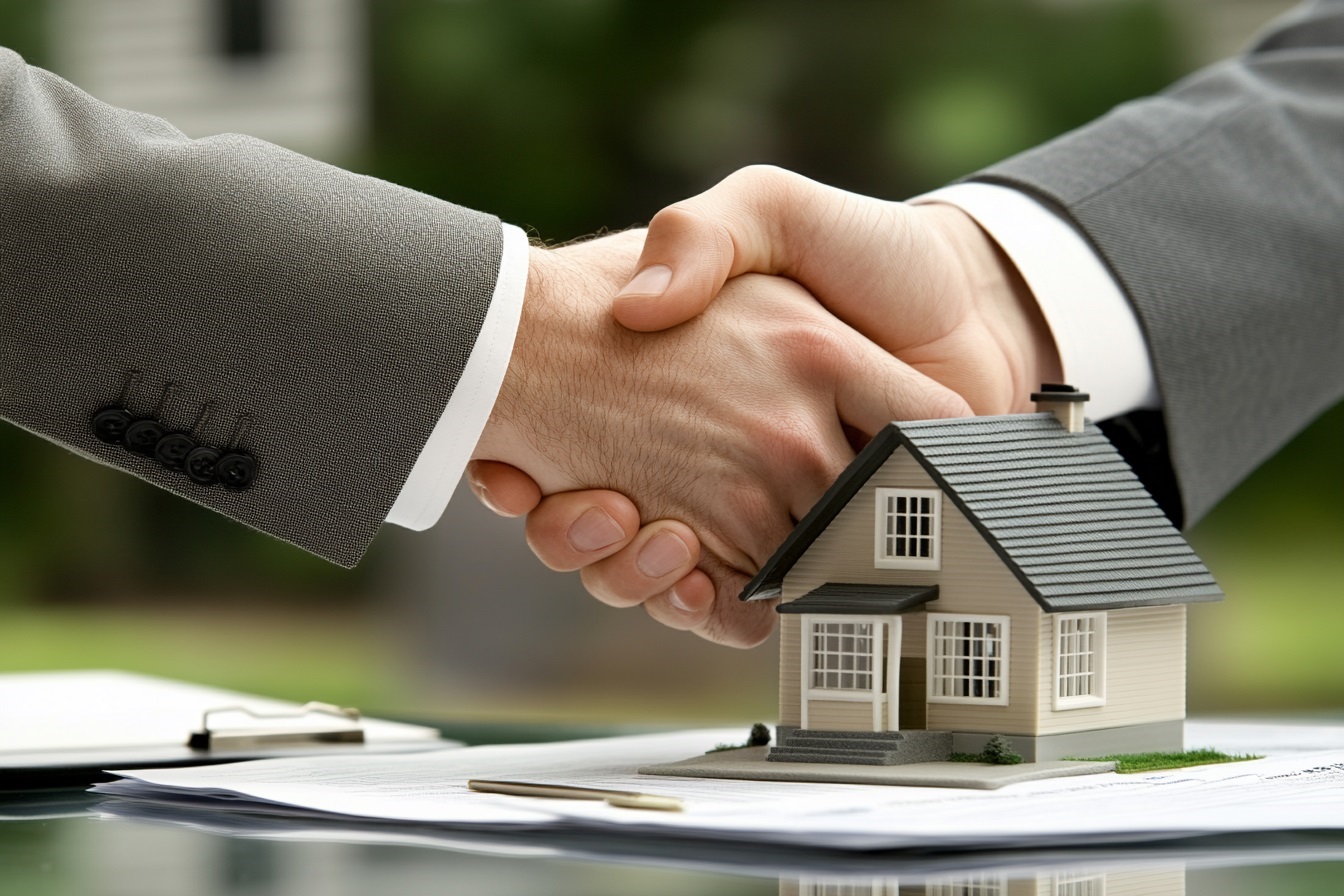 Handshake over a house model representing approval for a 5 percent deposit home loan in Australia.