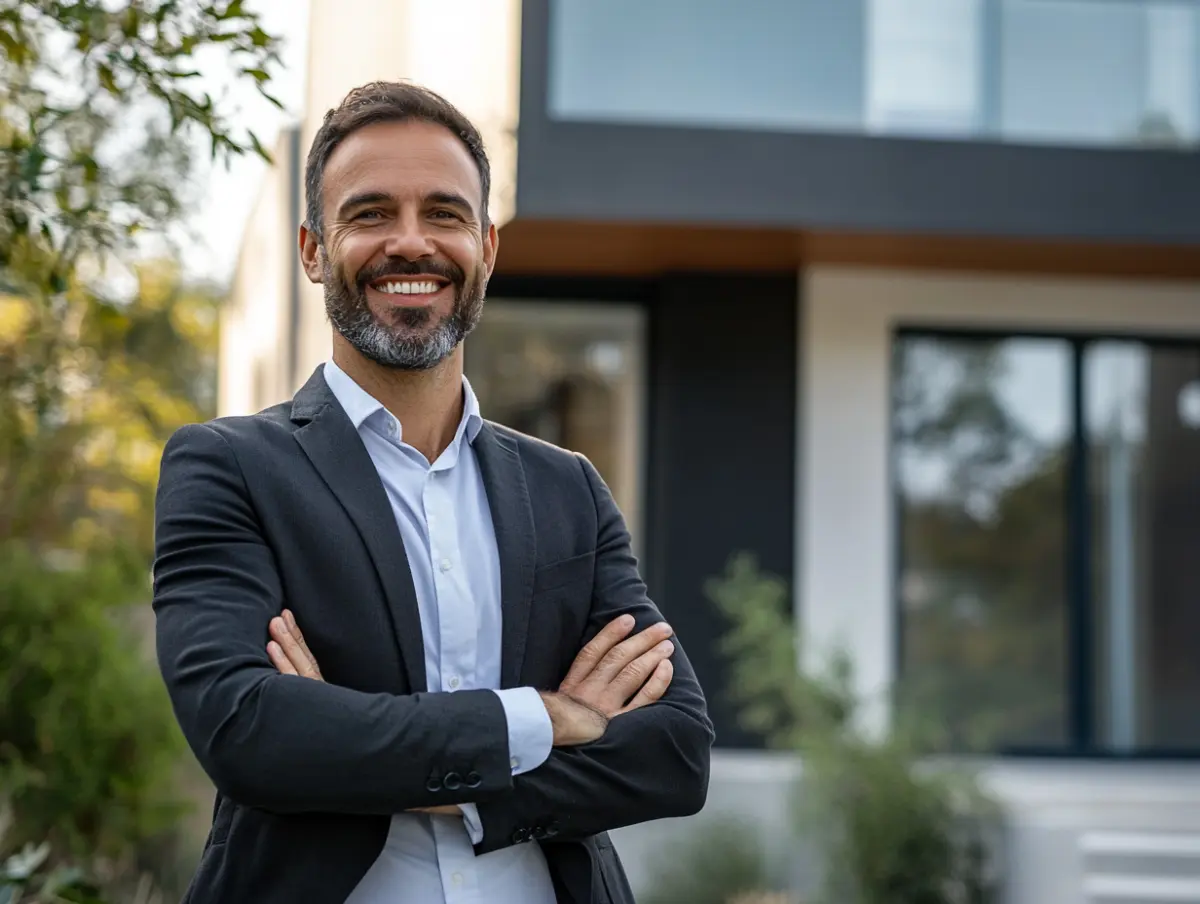 Melbourne mortgage broker standing outside a modern two-storey Melbourne home