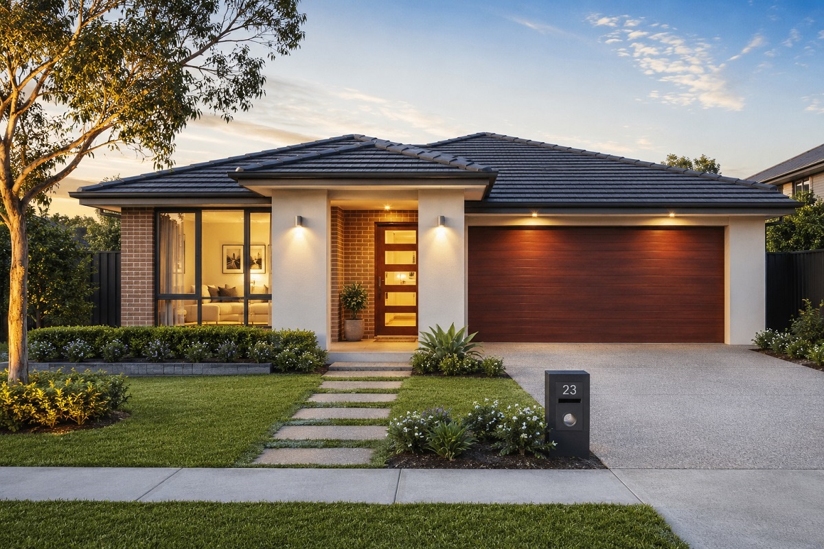 Modern suburban home at golden hour
