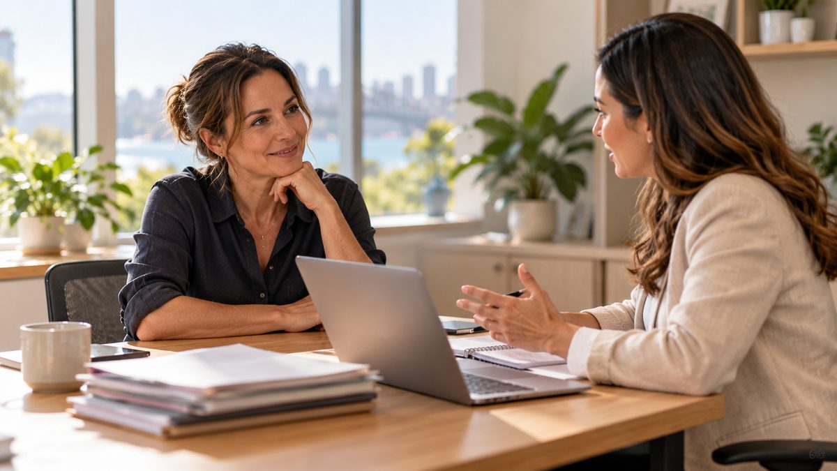 Small business owner meeting her accountant in a Sydney office to go through her fees for the year