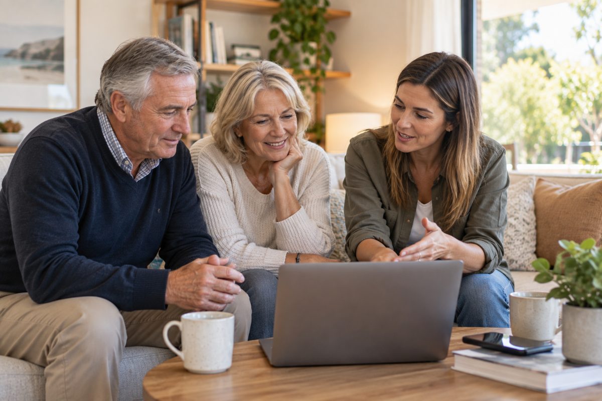 Parents and adult child discussing a guarantor home loan at home