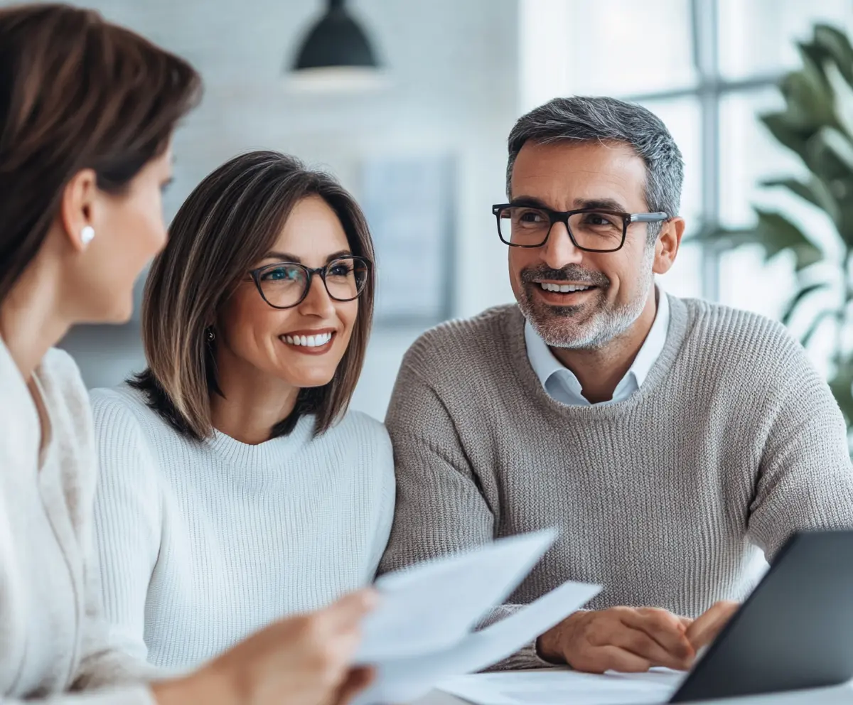 Melbourne mortgage broker going through home loan documents with a couple at his office desk