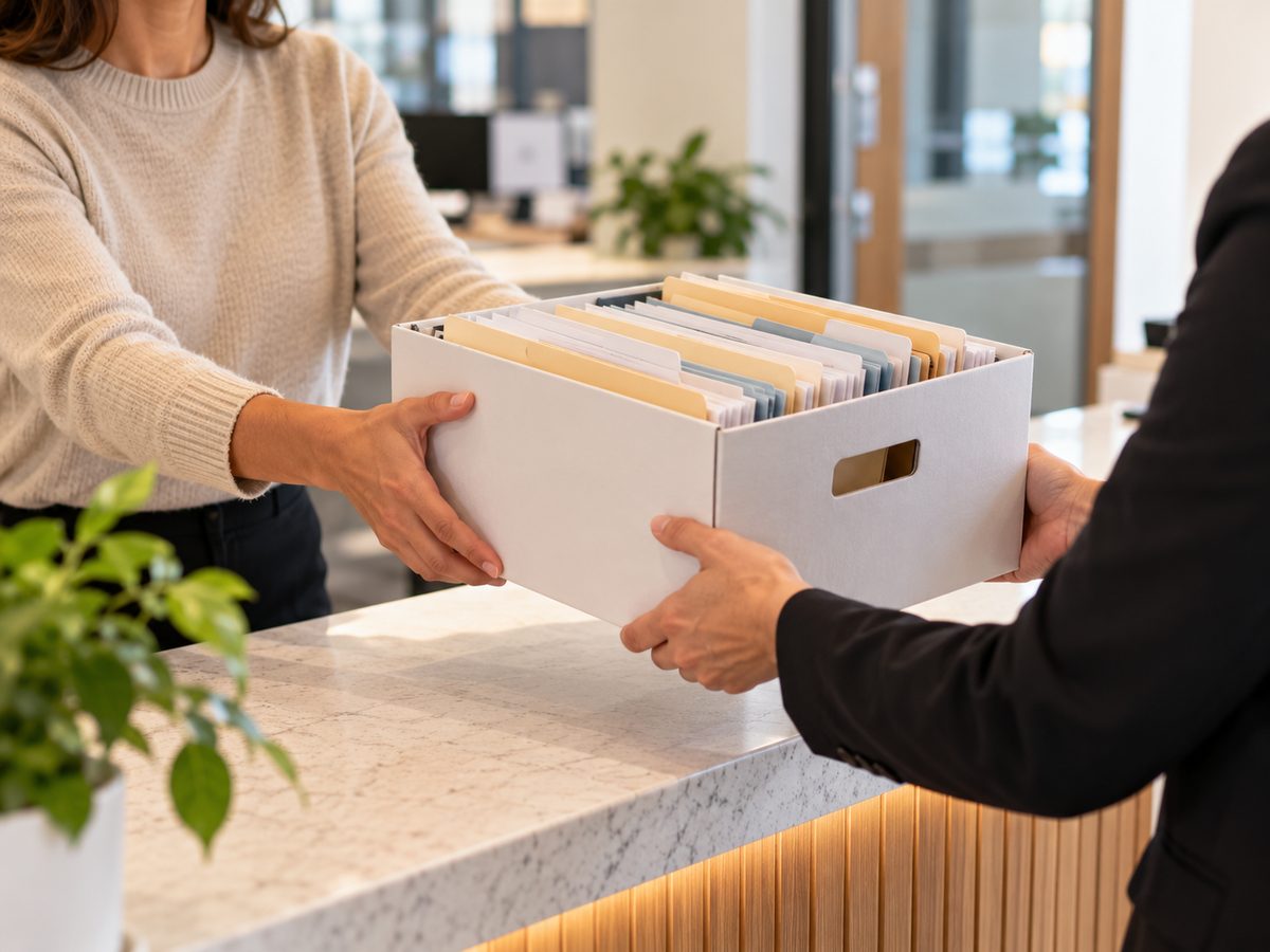 A box of client files being handed over at an accounting firm's reception desk