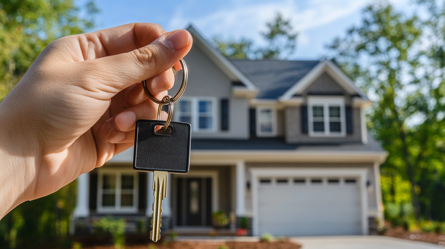 Hand holding house keys in front of a home after securing a 5 percent deposit home loan in Australia.