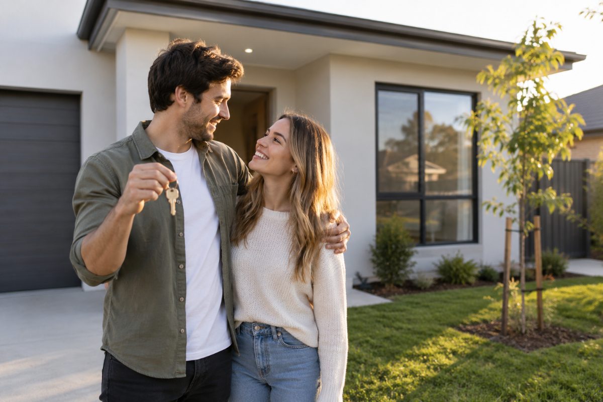 Australian first home buyers standing outside a newly built home holding keys