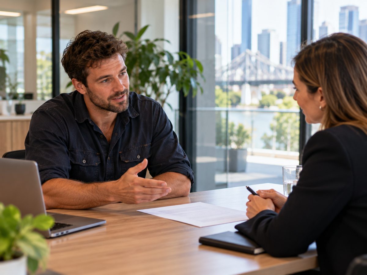 Small business owner asking questions at a first meeting with an accountant in a Brisbane office