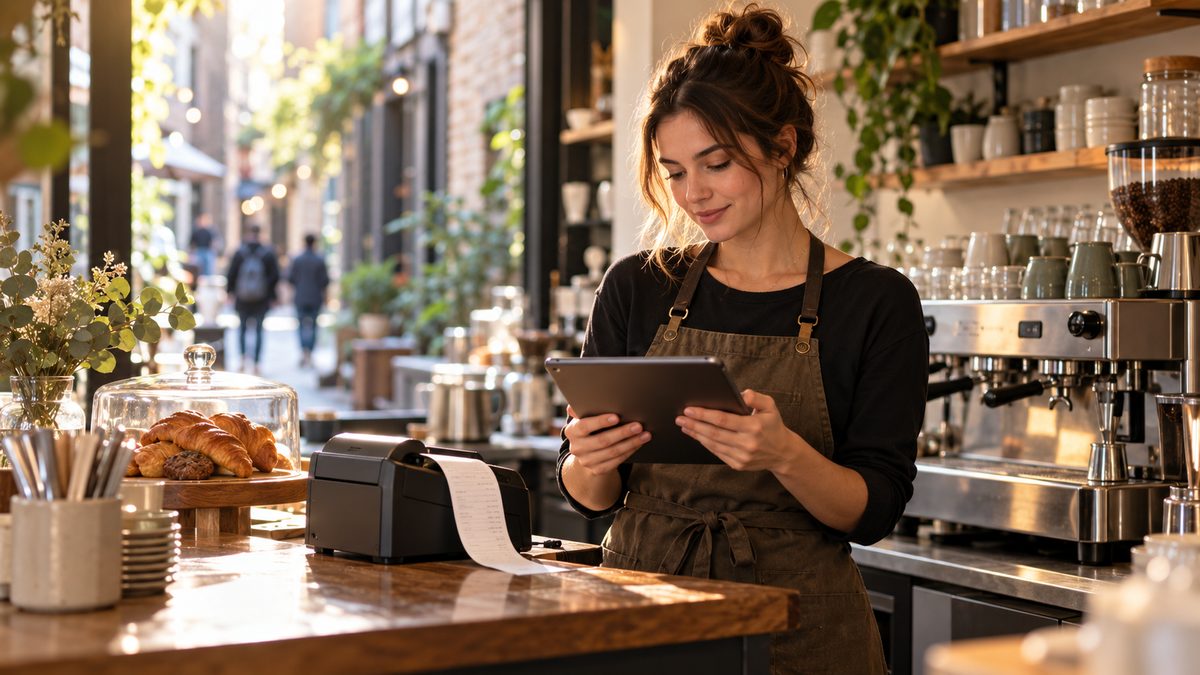 Cafe owner checking her sales on a tablet beside the till, working out the GST on the day's takings