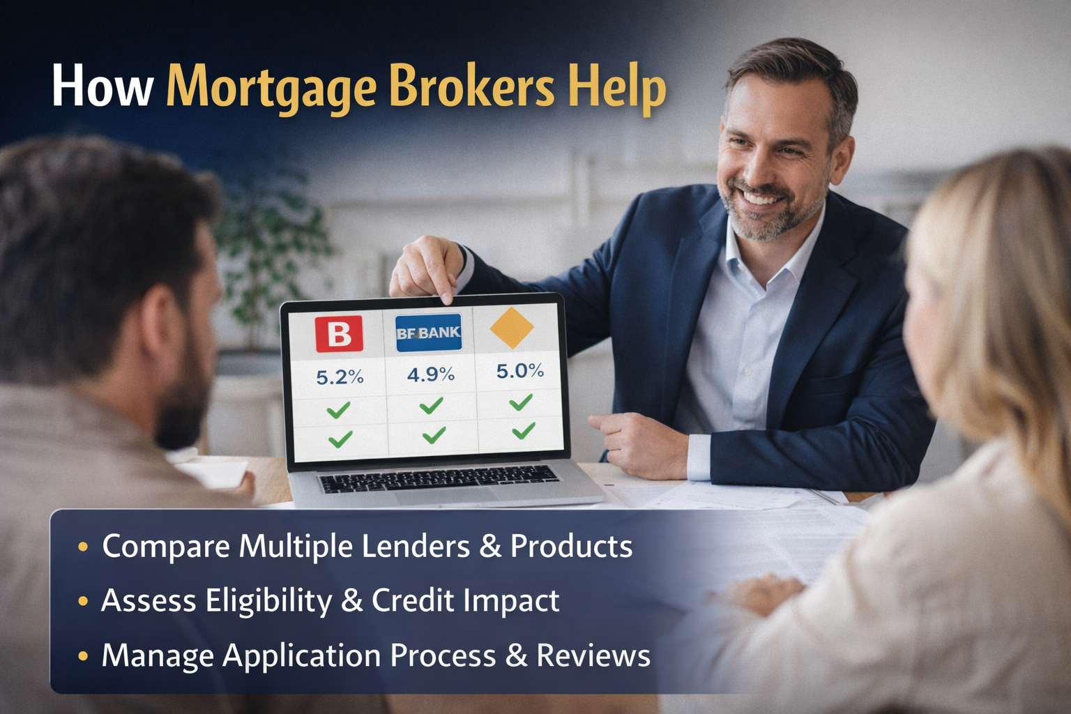 Mortgage broker explaining home loan options to a couple while comparing interest rates from multiple lenders on a laptop.