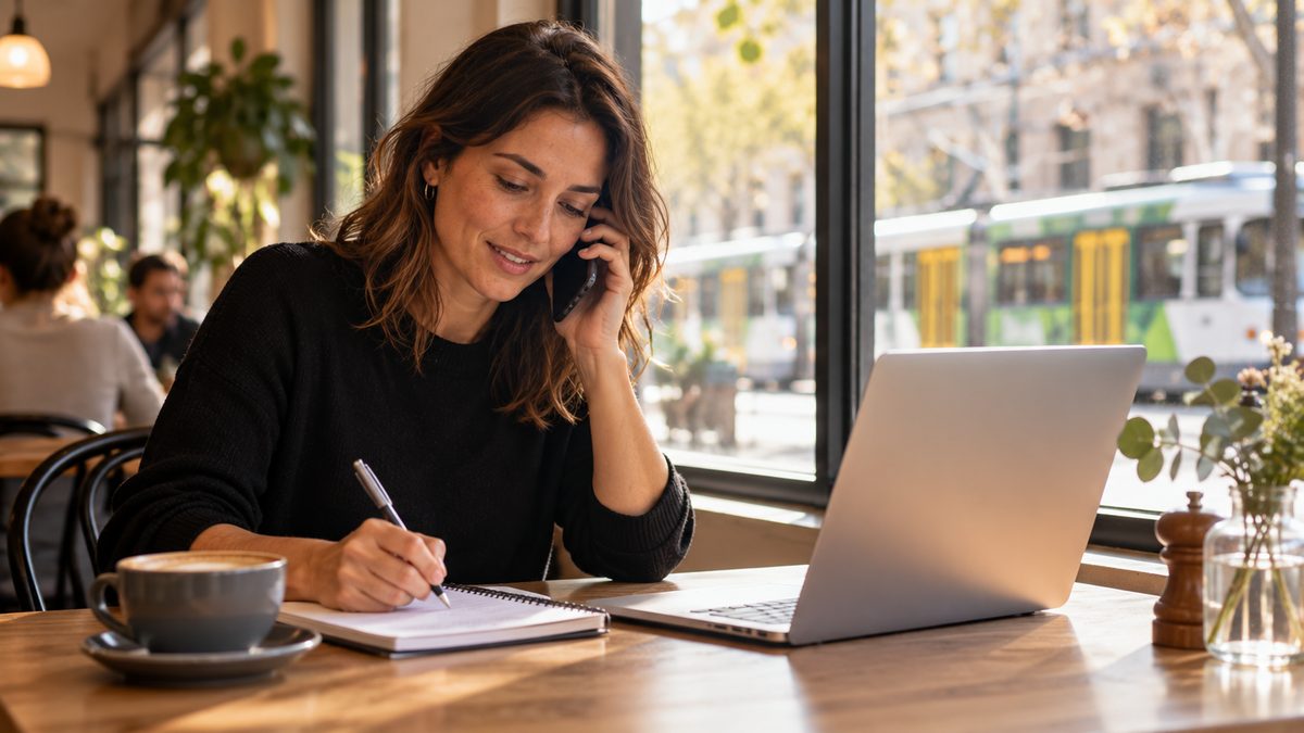 Woman in a Melbourne cafe phoning accountants and taking notes on a shortlist