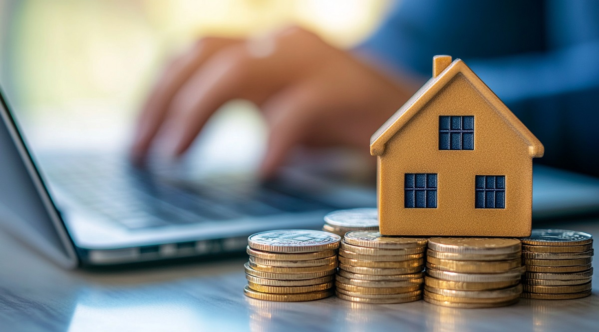 Model house sitting on coins representing investment property finance and mortgage borrowing in Australia.