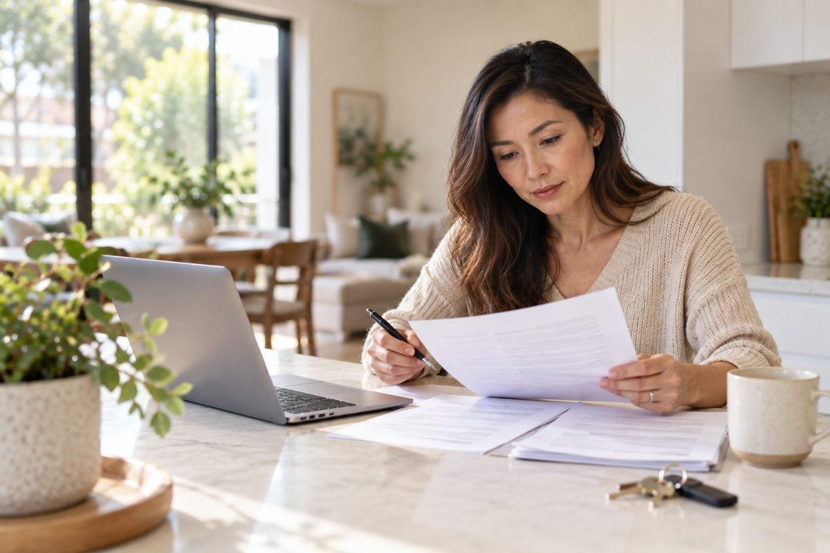 Australian property investor comparing landlord insurance policy documents at a kitchen bench