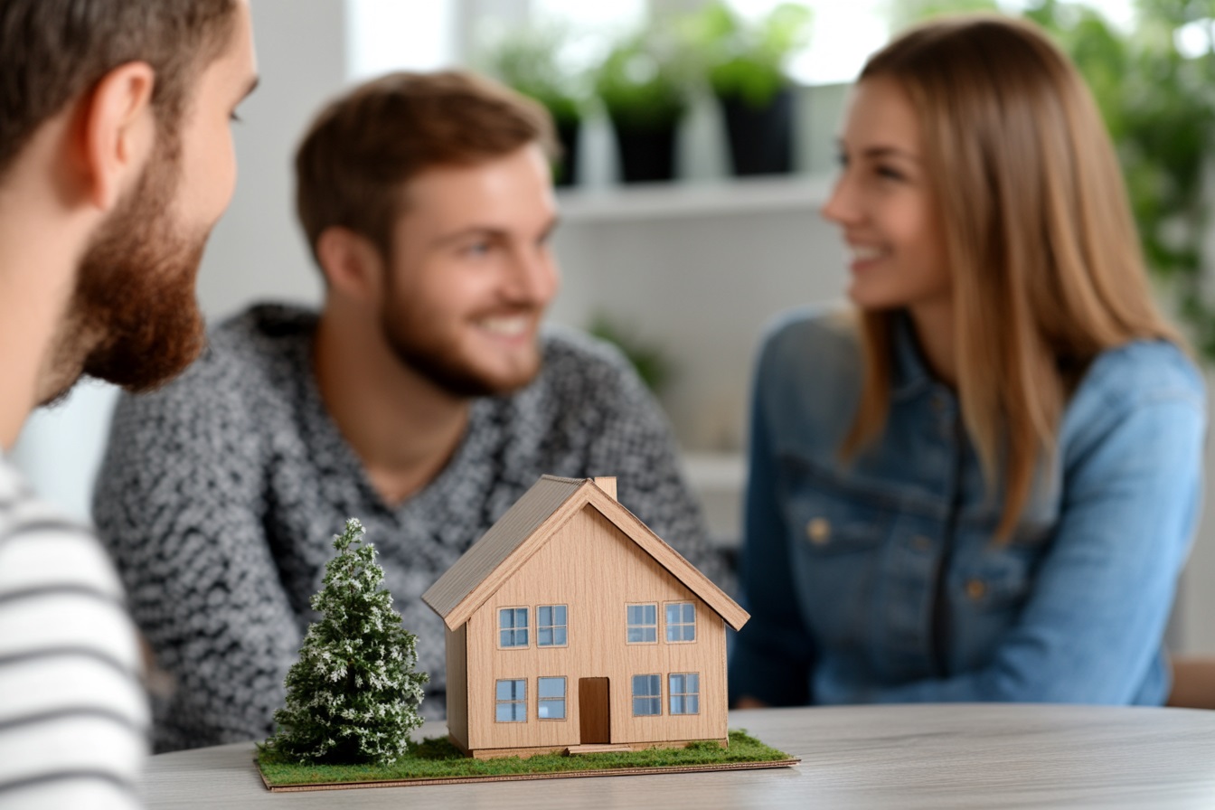 Couple discussing a low deposit home loan with a broker using a house model during a first home buyer consultation in Australia.