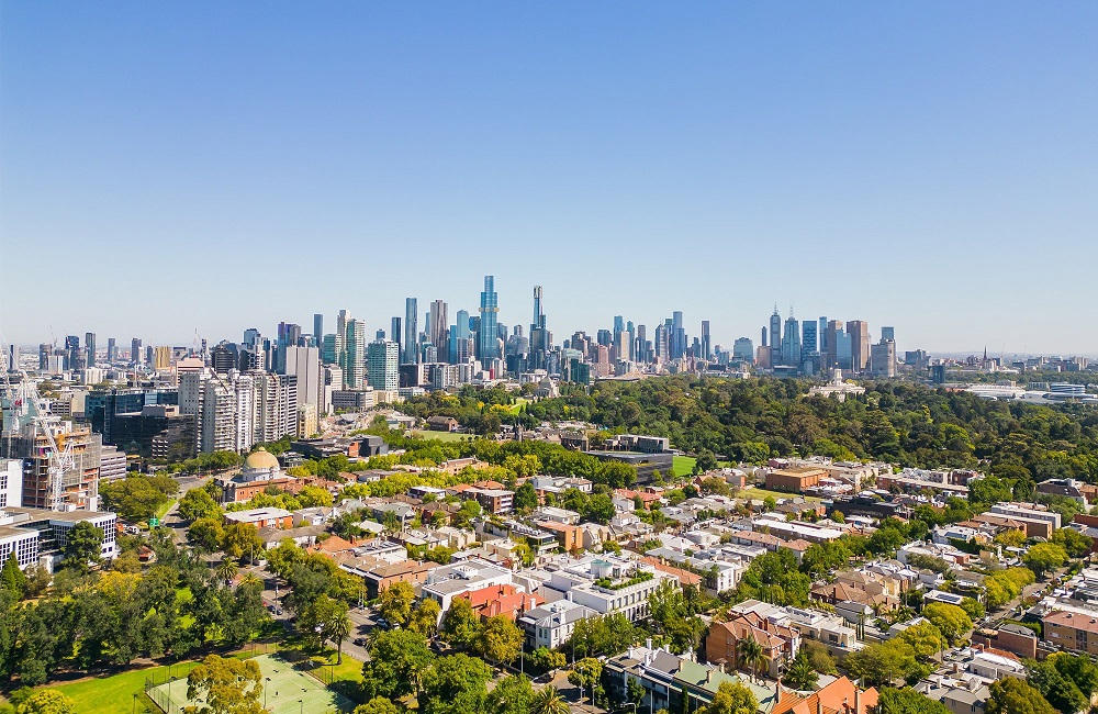 Melbourne CBD skyline and surrounding residential suburbs illustrating the Melbourne property market