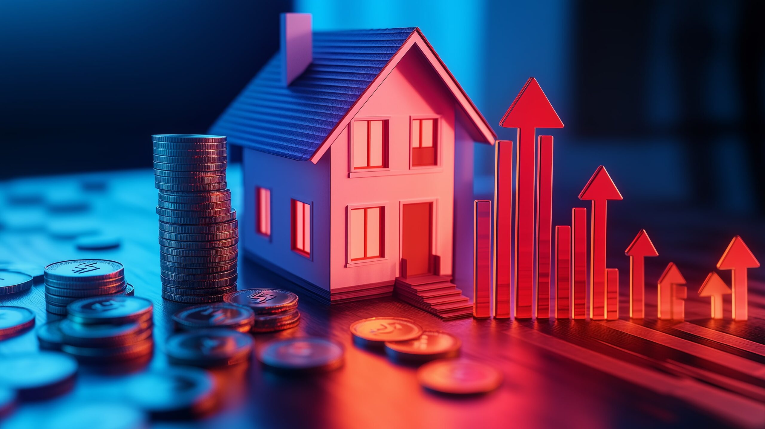 Property investment model with coins and rising arrows illustrating positive gearing and rental income cash flow.