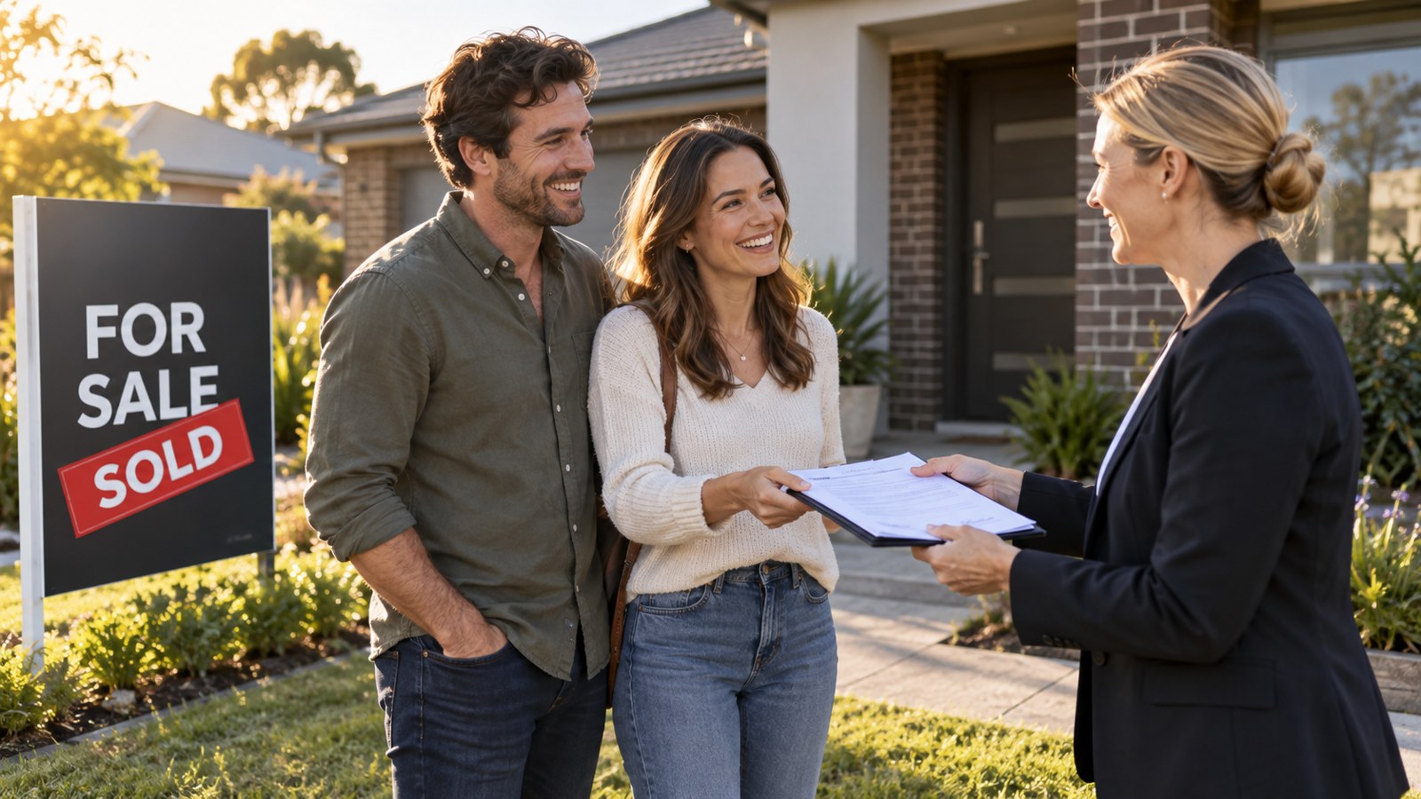 Real estate agent handing a contract of sale to a couple outside a sold Australian home in a private treaty sale