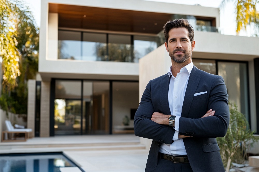 Property investor standing in front of a modern luxury home purchased using an investment property loan in Australia.