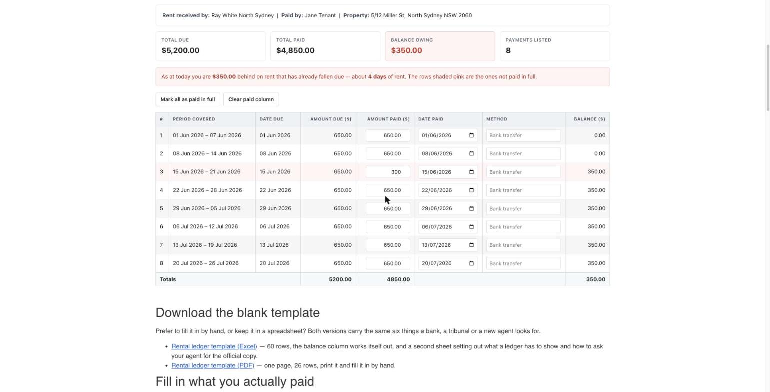 Rental ledger example showing rent due, rent paid and a running balance with one week short paid