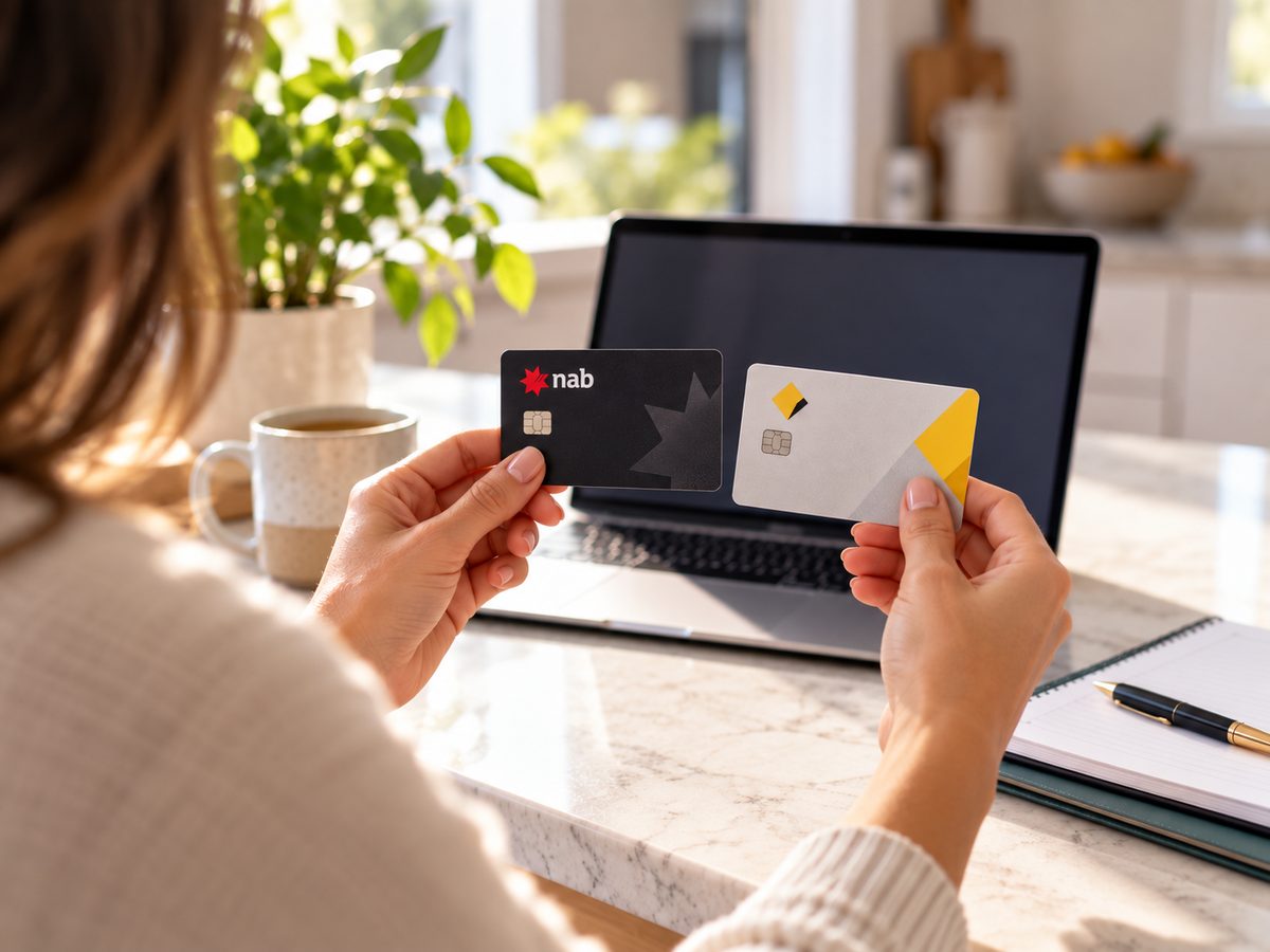 Business owner holding a personal bank card and a separate company bank card at her kitchen bench