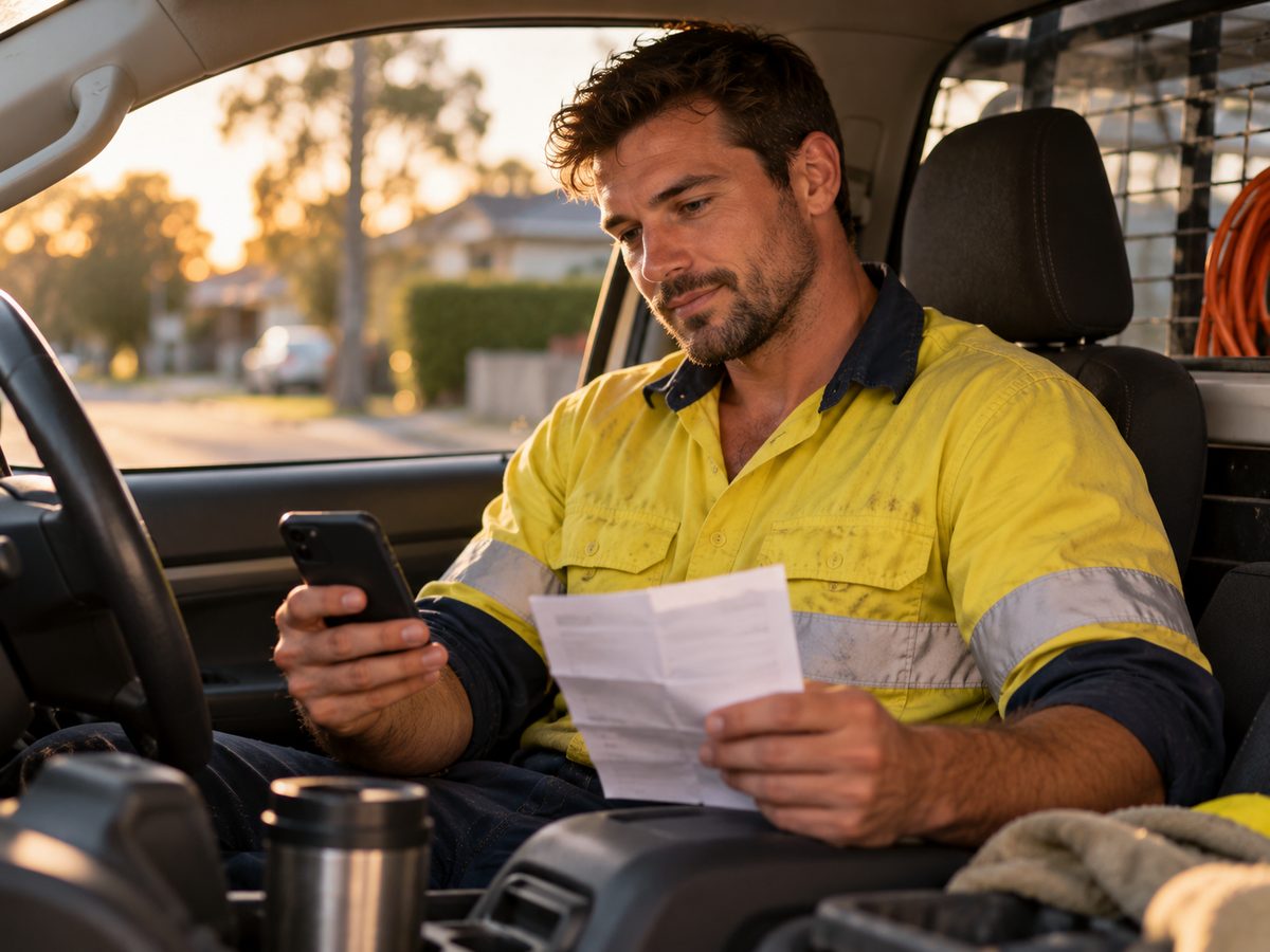 Sole trader electrician in his ute checking an invoice on his phone at the end of the day