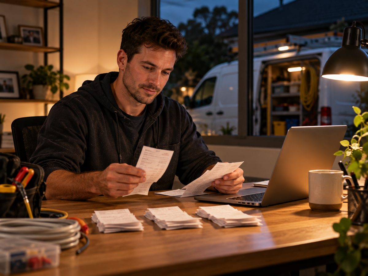 Electrician sorting a quarter of supplier receipts at his desk before lodging his BAS