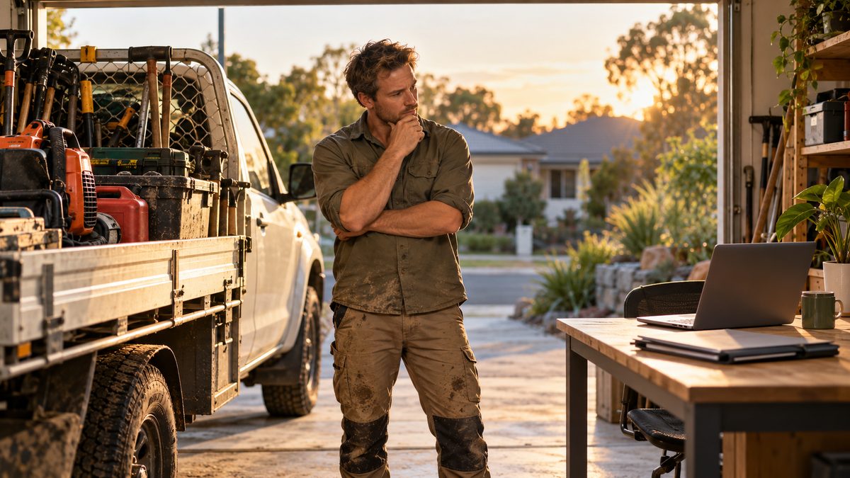 Landscaper at his garage workshop weighing up whether to keep trading as a sole trader or set up a company