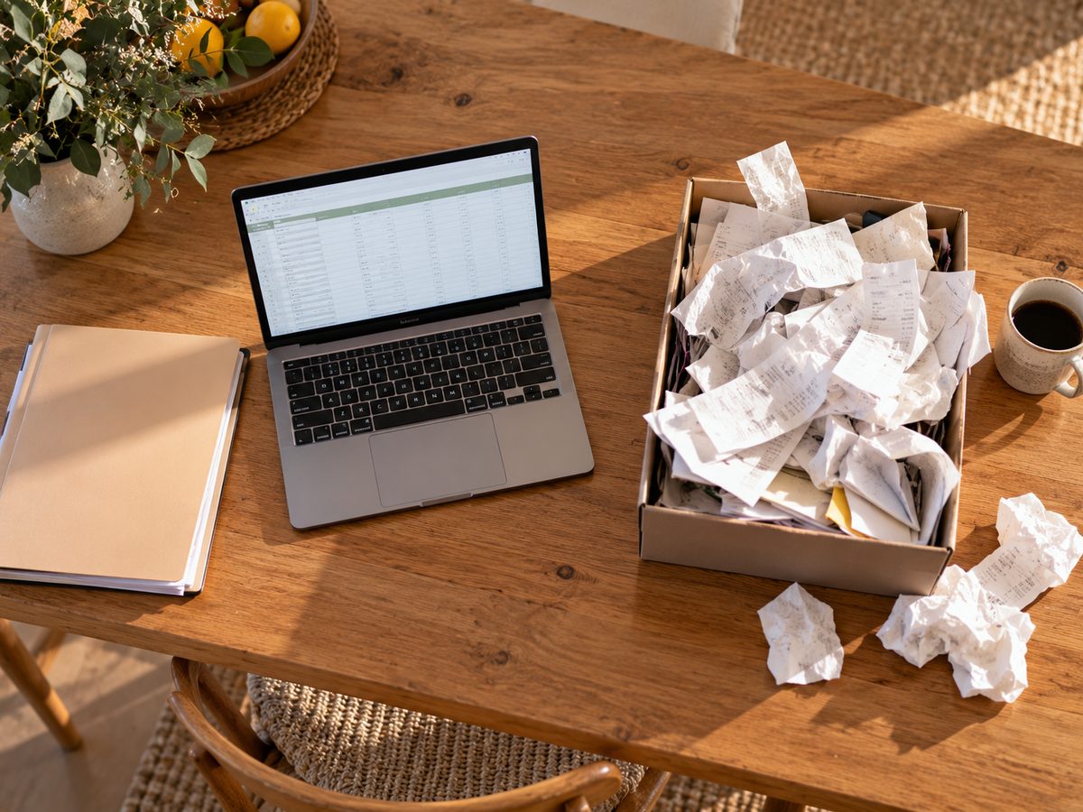 A reconciled spreadsheet on a laptop next to a shoebox of crumpled receipts, the two ways clients hand records to an accountant