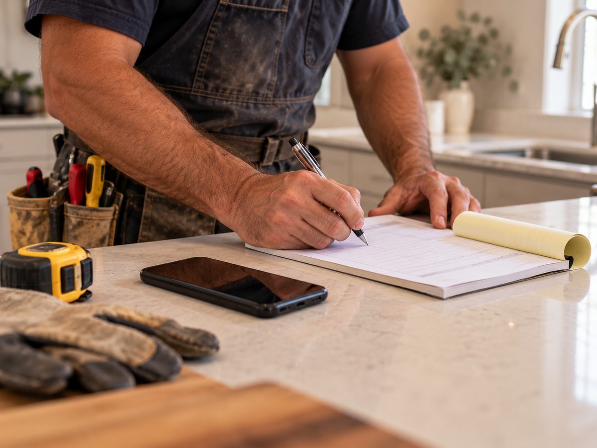 Tradesman filling in a paper invoice at a kitchen bench, working out the GST to add