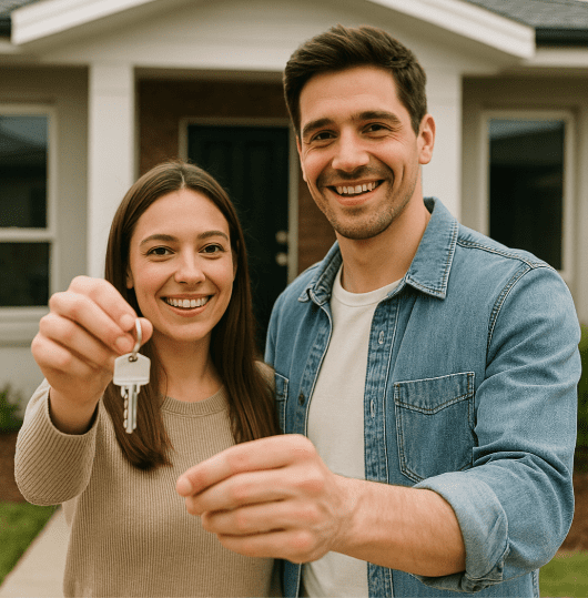 First home buyers holding house keys representing the UBank 85% LVR home loan and saving on lenders mortgage insurance.