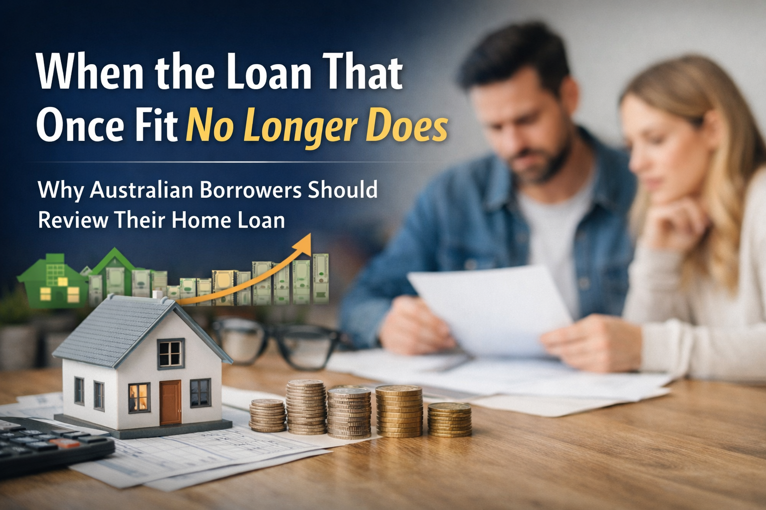 Australian couple reviewing their mortgage paperwork with house model and coins illustrating when to review or refinance a home loan.